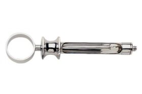 A silver key chain with a metal handle.