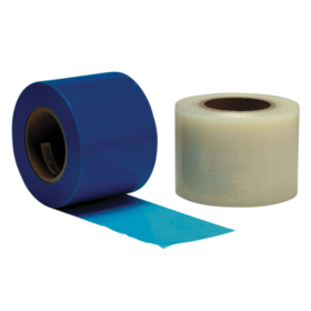 A roll of blue tape next to a roll of white.