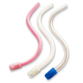 A set of three different colored tubing with a blue tip.